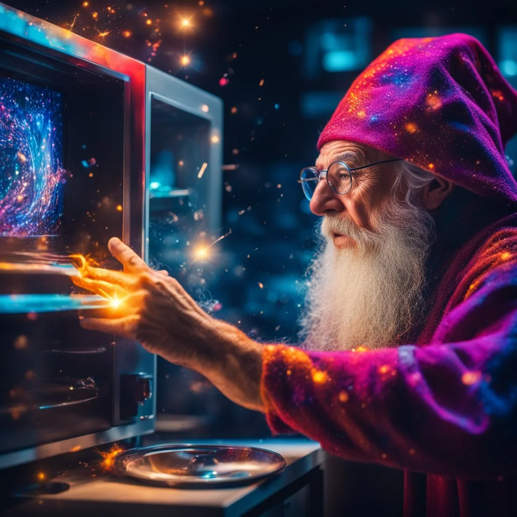 wise wizard with great knowledge trying to fix a microwave, confused face, bright vibrant colors, glowing sparkle particles, dark tone, sharp focus, high contrast, 8k resolution, incredible depth, shallow depth of field, dramatic lighting, beautifully intricate details, clean environment, epic dynamic scene