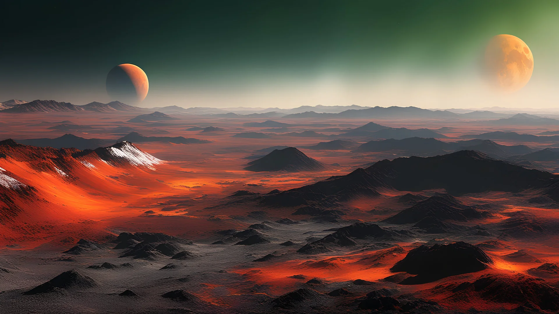 Landscape photograph on the surface of Io (moon of Jupiter), very tall mountains, volcanoes, pits, vents and lava flows, extensive smooth plains with a frosty coating in subtle shades of yellow, red, white, black, and green, Jupiter in the sky, exquisite composition, beautiful detailed intricate insanely detailed octane render, 16k artistic photography, photorealistic concept art, soft natural volumetric cinematic perfect light, chiaroscuro, award-winning photograph, masterpiece