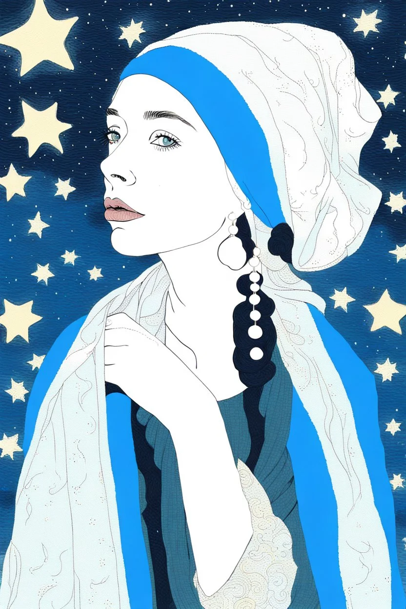 The Girl With A pearl Earring, mixed media, complimentary color, the starry night background, in the art style of Kaethe Butcher, Pierre-Auguste Renoir, Gaelic leafy FolkArt Folklore