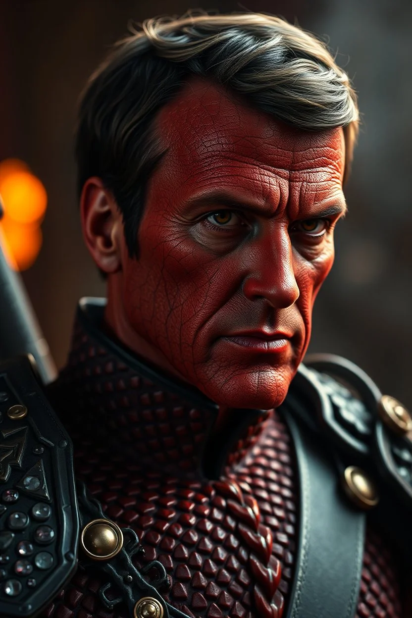 President Emmanuel Macron ,red skin, scales, unreal engine 6, high detail, intricate, cinematic. photoshoot style, intricate, studio lighting, masterpiece , highly detailed, 8k, best quality, fire, smoke, dramatic,d,<lora:mshn:0.7>,<lyco:Warrior_Couture:0.5>,