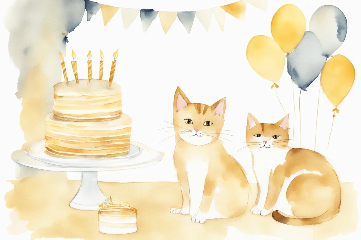 beautiful composition, cat birthday party with cake, watercolor and ink, golden glitters in ochre in sunshine