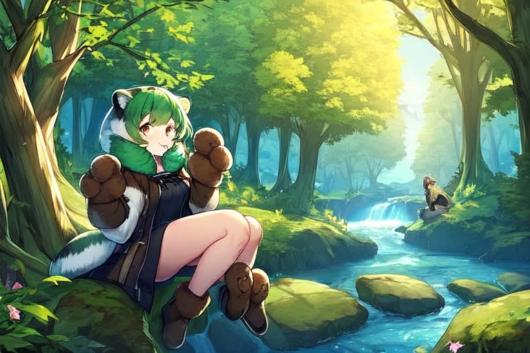 Girl, green hair, raccoon tail, raccoon paws in hand, raccoon paws in foot, forest, river, sit on tree, coat on neck, with tongue out,