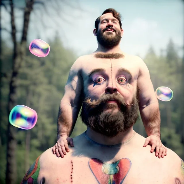 Ultra realistic circus scene. Classic Naked strongman, waist up view, old school tattoo, Wes Anderson style, happy, bubbles, butterflys, highly detailed, concept art, unreal engine 5, god rays, ray tracing, RTX, lumen lighting, ultra detail, volumetric lighting, 3d, finely drawn, high definition, high resolution.