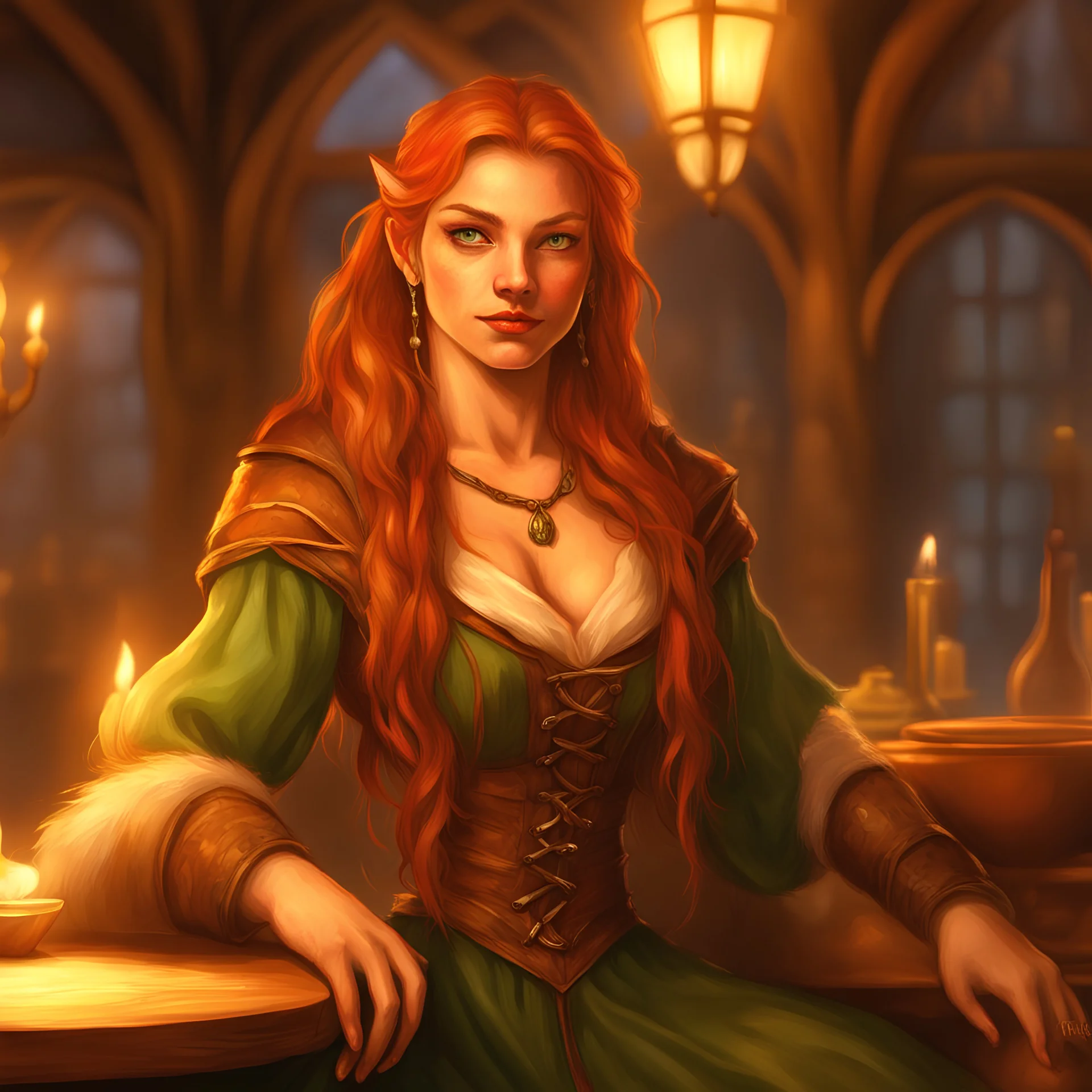 portrait of an auburn Tabaxi female bard in D&D style, long auburn hair cascading over shoulders, green eyes gazing seductively, stance conveying allure, intricate costume design, fantasy tavern background, patrons and wood-beamed ceilings slightly out of focus, candlelight casting a warm glow, ultra realistic, highly detailed, dramatic lighting