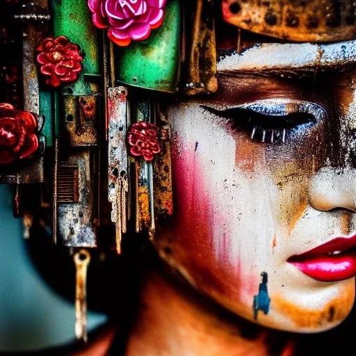 an abstract painting oil in canvas of rusted metal and flowers, Geisha portrait, rust, scaffolding, iron cladding, decay, mixed media, textured, anatomically correct, beautiful perfect face, sharp focus, highly detailed, BladeRunner movie poster, masterpiece, realistic, intricate detail, sci-fi fantasy style, volumetric lighting, particles, highly detailed ,cinamatic , deep colours, 8k, by Gustav Klimt