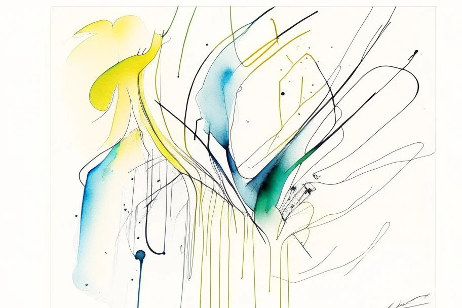 Abstract wet watercolour, one line drawing