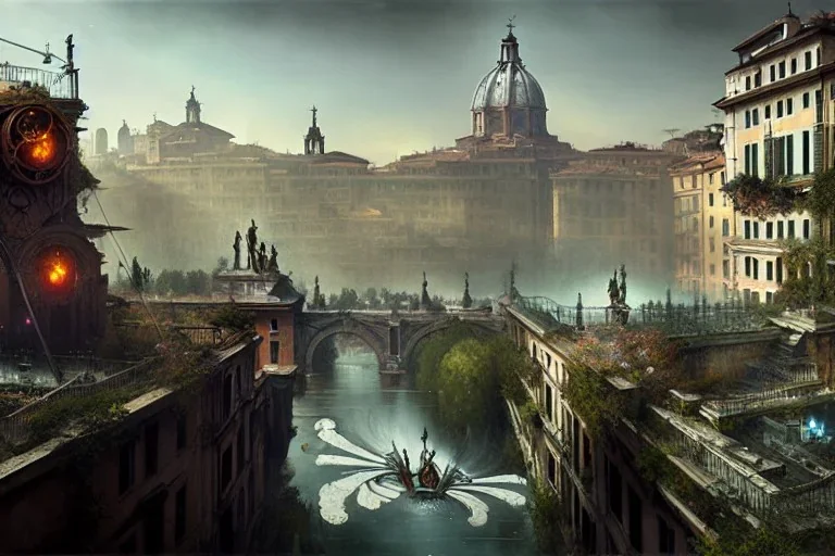 Tevere+river+Bar on garden rooftops +Rome mixed new york +Skyscraper +steampunk+biopunk+alphonse mucha, greg rutkowski,matte painting, cryengine, hyper detailed, felix kelly, fantasy art, seb mckinnon