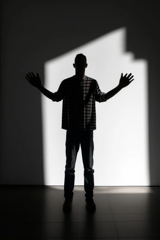 a man in an empty space standing in front of a wall looking at his shadow reflected on the wall. The shadow is raising his hands y