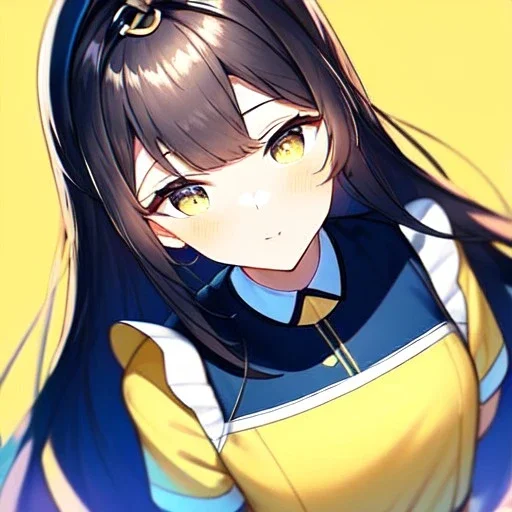 portrait anime maid, long hair, hyper detailed, intricately detailed, looking at viewer, arms behind back pose, blue short pants, yellow blouse with a knot on the bottom, lemon background, air bubbles, summer vibe, close up shot, ambiguous lines image, flat dimensional style, flat lines, rough drawing --ar 2:3