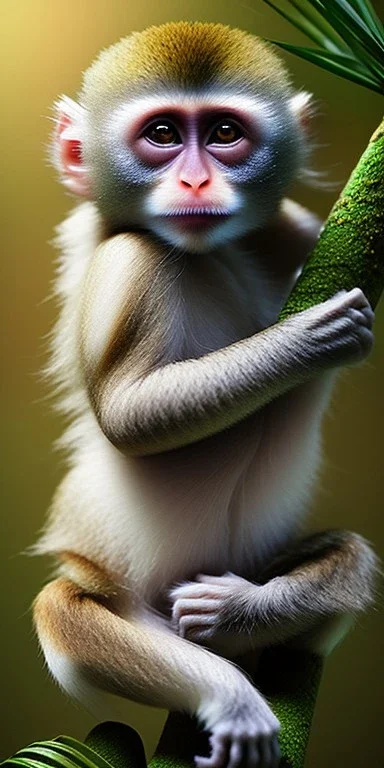 The tropic landscape diffused monkey's body, white background, aerographic style