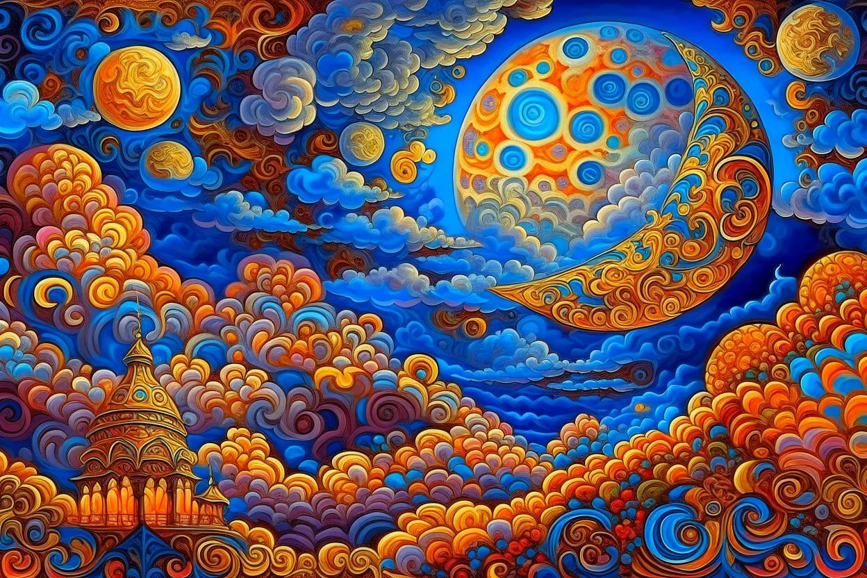 painting of cloud with filigree moon, very cloudy sky, in the style of emily balivet, precise, detailed architecture paintings, colorful dreams, james c. christensen, spectacular backdrops, psychedelic color schemes, rui palha painting of cloud with moon sky, in the style of emily balivet, precise, detailed architecture paintings, colorful dreams, james c. christensen, spectacular backdrops, psychedelic color schemes, rui palha" Modifiers: elegant extremely detailed intricate very attractive bea