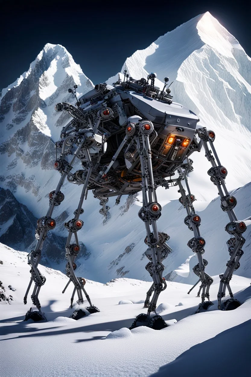 a sleek mechanical walker with eight legs scaling a very steep snow covered side of mout everest at night, it has a smooth surface, it has storage pods on its belly human can fit in the pods