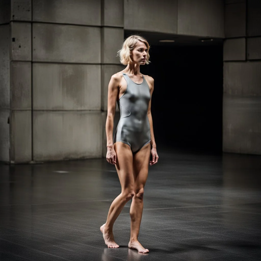 beautiful anorexic woman, total shot, short grey metallic triathlon swimsuit, short blond wavy bob hair, blurred concrete background