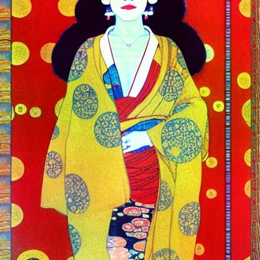 Retrato de cuerpo entero una Gheisha vestida con kimono muy guapa y voluptuosa con el estilo de Gustav Klimt