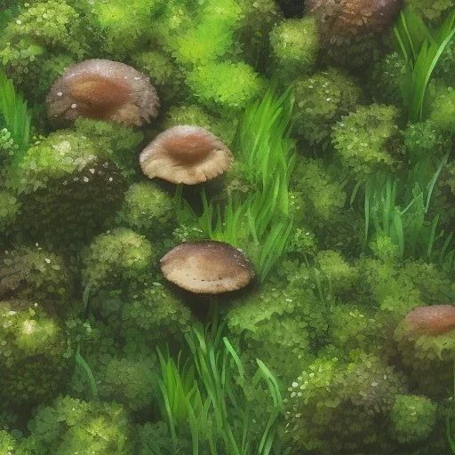 microphotography mushroom growing in a mossy dense lush green woods, high definition, detail, HD, 8k, realistic, 3d rendering, blender, photography, fisheye, bulge, tilt shift blur