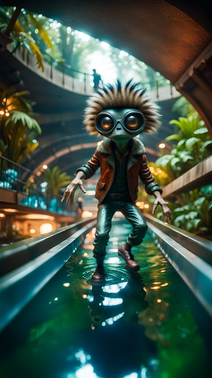 fish-eye photo of furry hairy pimp rocker alien on bridge over water slide magically levitating in dark lit reflective wet jungle hall hotel tunnel, in the style of fallout 4 game,bokeh like f/0.8, tilt-shift lens 8k, high detail, smooth render, down-light, unreal engine, prize winning