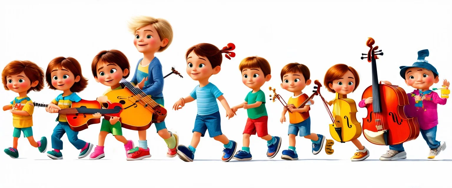 children joyfully walking with musical instruments. Pixar Digital painting illustration