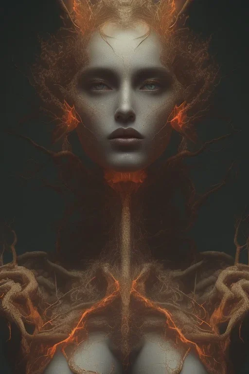 portrait photography of an ethereal beautiful animal goddess, Fire theme art, Dark moody night atmosphere, Portrait of a man by Michelangelo, 8K, close-up face, anatomically perfect face, oak tree roots, ignore NSFW