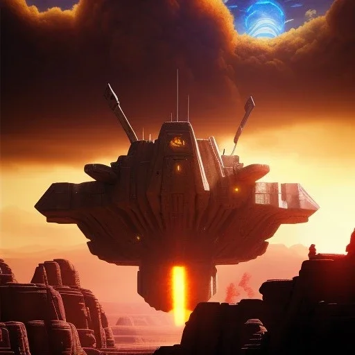 volumetric dramatic desert Battle scene with futuristic hovering military armored Hovercraft painted by chris foss, floating, 4k, 8k, Minutiae, highly detailed, gun Turret, antennae, pennant, hovering, stripes, sunset Moon [duststorm, nimbus clouds]