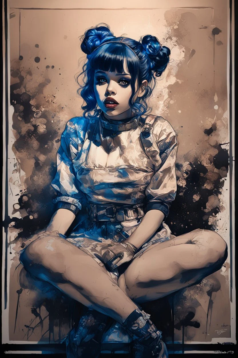 Poster in two gradually, a one side the Singer Melanie Martinez face, full body, sit pose, painting by Yoji Shinkawa, darkblue and sepia tones,sinister, detailed iridescent, metallic, translucent, dramatic lighting, hyper futuristic, digital art, shot with Sony Alpha a9 Il and Sony FE 200-600mm f/5.6-6.3 G OSS lens, natural light, hyper realistic photograph, ultra detailed -ar 3:2 -q 2 -s 750,malevolent goth vampire girl face and other side