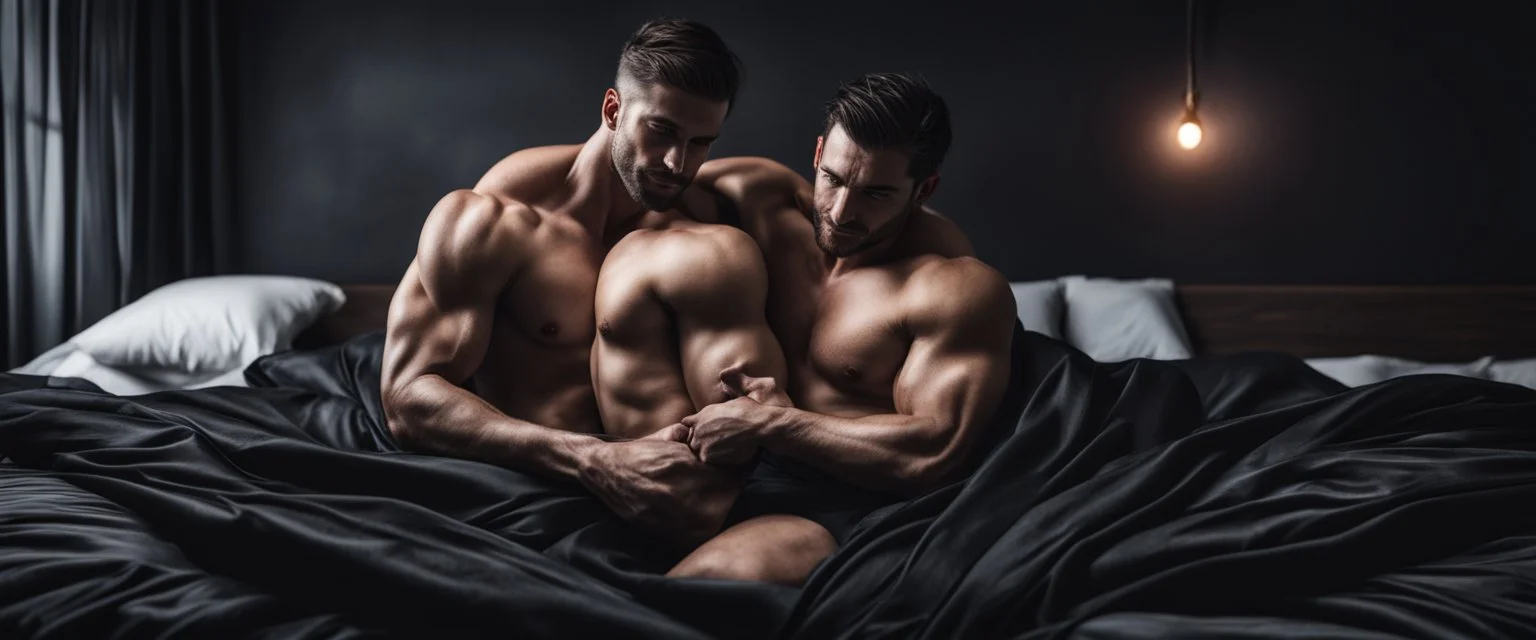 Hyper realistic shirtless muscular guys hug on bed with black silk blanket in dark bedroom