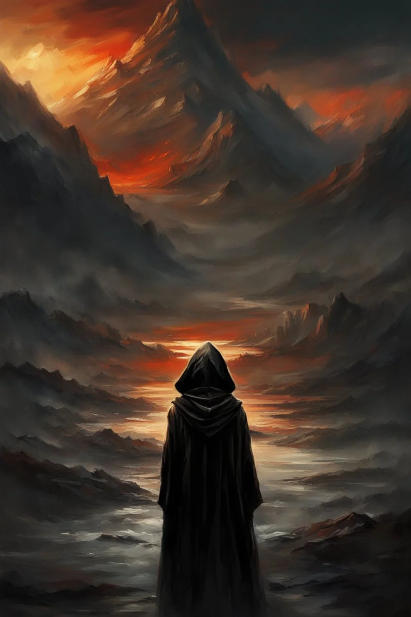 A formidable warrior-a 10-year-old boy in a black robe with a hood, on the background Amazing gloomy landscape, flooded with sunset, mountains, trees, fabulous scary hero, , juicy emotions, painting, dark fantasy, bad weather, gloomy day, dark world, by Raymond Swanland & Alyssa Monks & Anna Razumovskaya