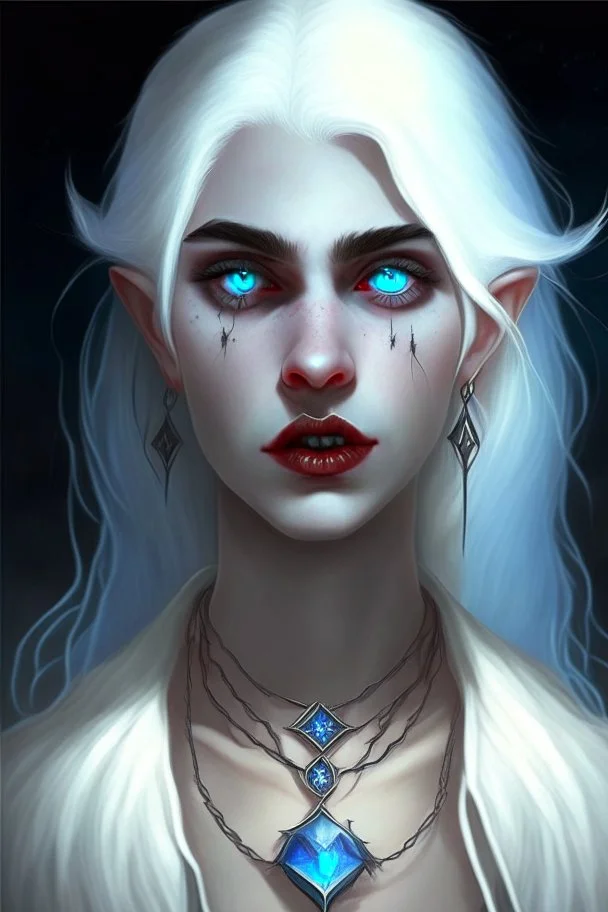 hauntingly beautiful character for dnd, young vampire woman with white hair, white eyebrows and blue eyes, angel, with moon necklace, lips slightly parted showing fangs