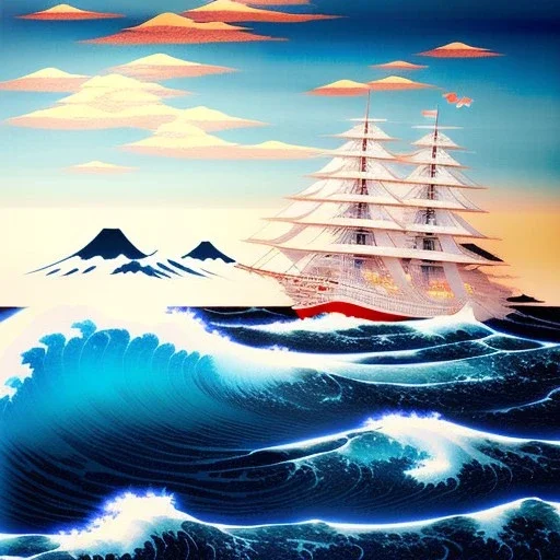 kanagawas wave with Ship in the middle by Hokusai,lighting, origami style, paper cut style