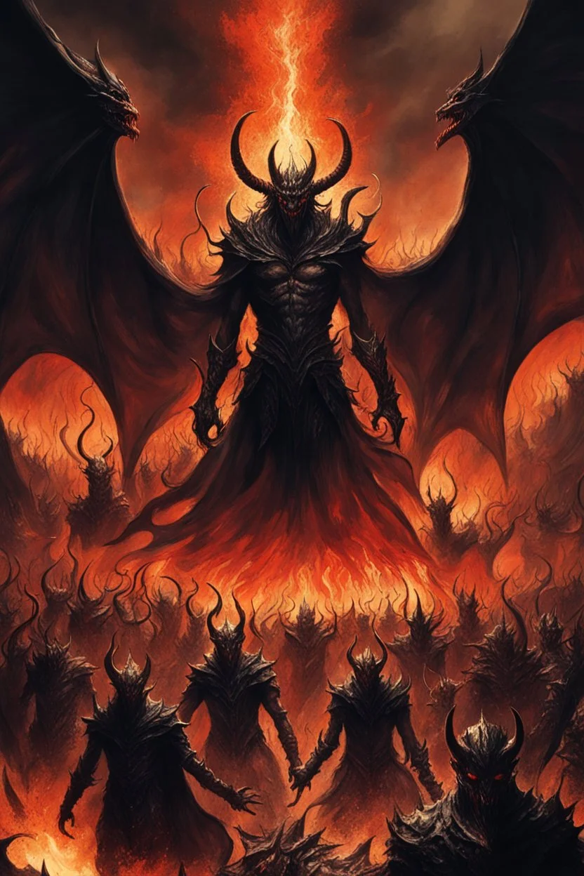 A picture of hell with hellish people in torment Sauron, the lord of darkness, with the devil and his army, in the land of destruction