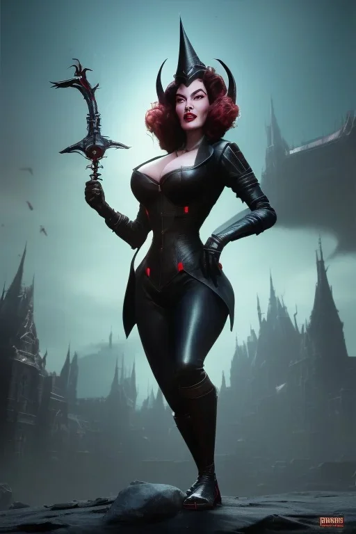 Ava Gardner as evil queen in black leather, busty, cleavage, curvy, angry, stern look. character design by cory loftis, fenghua zhong, ryohei hase, ismail inceoglu and ruan jia. unreal engine 5, artistic lighting, highly detailed, photorealistic, fantasy