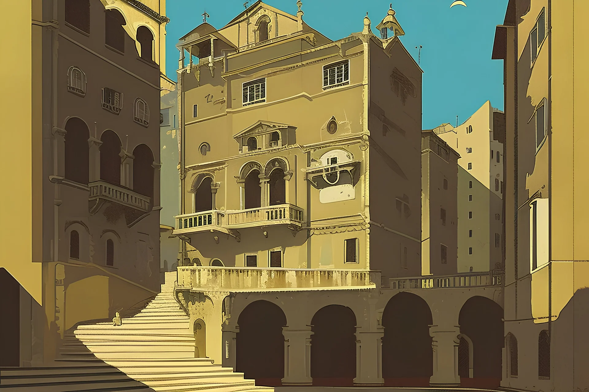 Atrani Sorrento Salerno Belle Epoque Jugendstil in ghibli style. Old 2d game Metal slug graphic style.