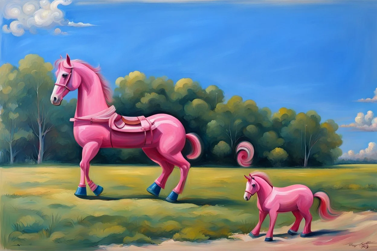 Big pink plastic toy horse.19th painting