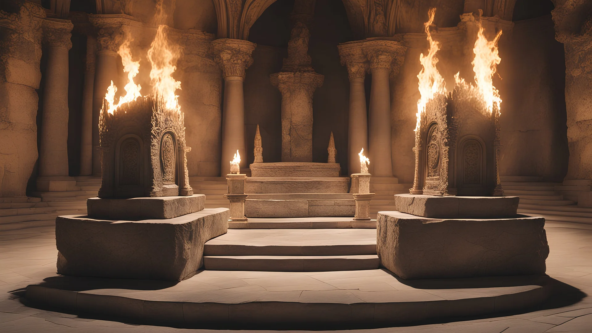 two identical, large thrones atop a stone dais within a room sculpted from stone. There are lit torches on the walls.