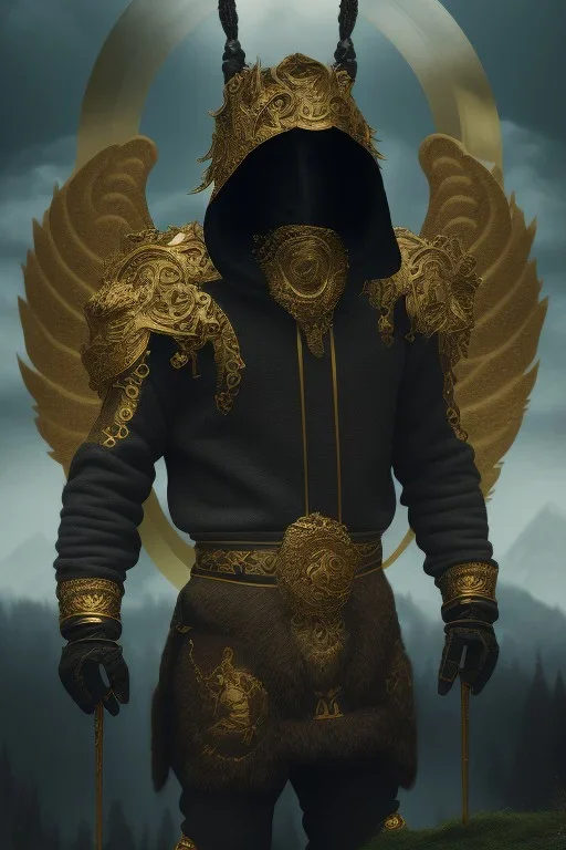 running berserker portrait , no face, black jogging suite , in the night Alps , holding coins , angels background, volumetric gold light, high detail, dark leaf tree, dark mountains in background, perfect