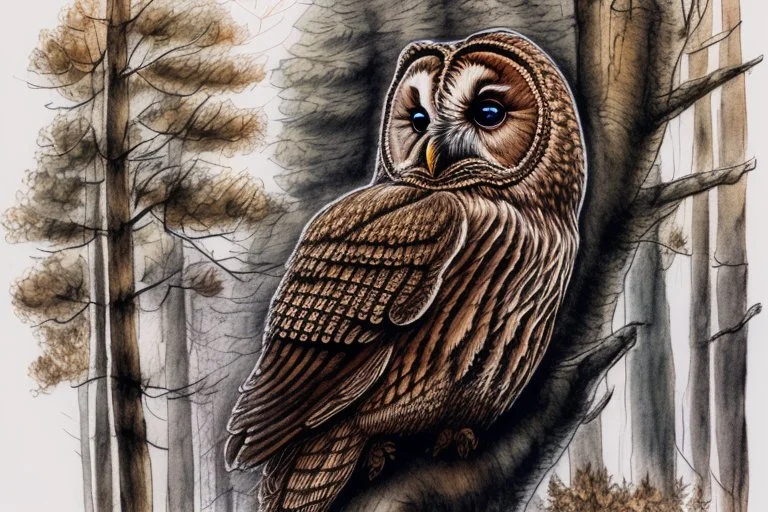 Brown Tawny Owl, pine tree, forest, autumn, dark night highly detailed intricate intricate details high definition crisp quality beautiful lighting pencil sketch watercolor dramatic lighting Deep shadows Warm colors warm light