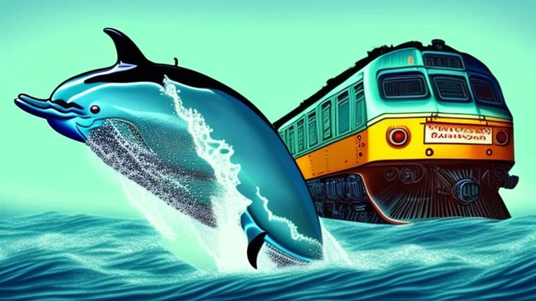 A train to cross the ocean where dolphins are jumping.