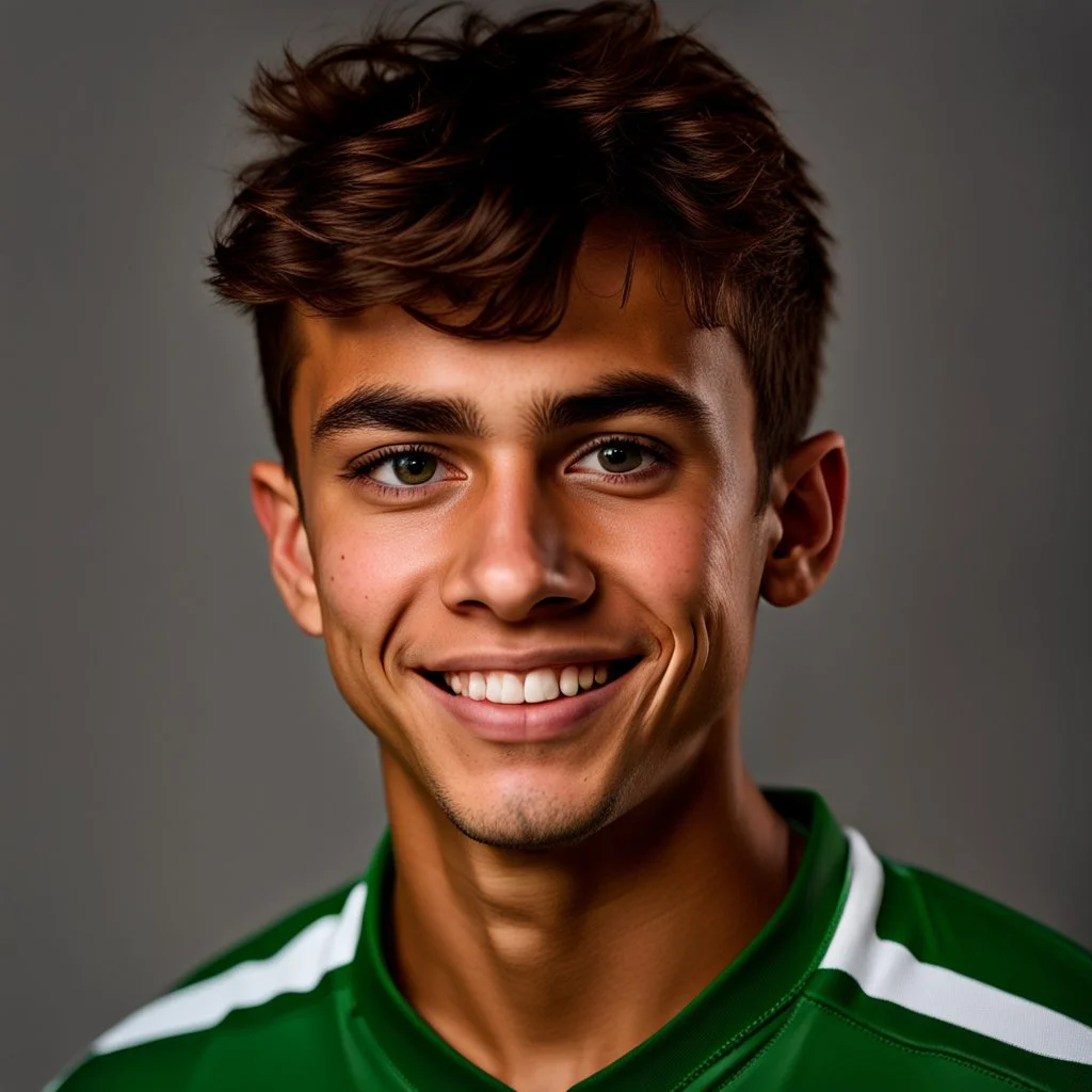 85mm DSLR color photography of a very detailed headshot fitting all of head and hair in frame. 17-year-old Brazilian soccer player, with brown hair color and no facial hair and has very short hair and with a small smile, grey background