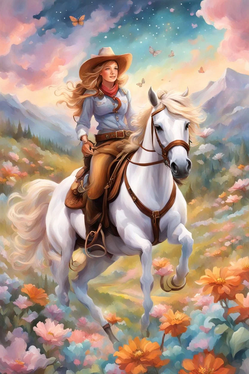 Wide angle of Artistic, Creativity,cowgirl on a horse in wilderness like a Marlboro advertisement, enchanting attire whimsical colors, dreamlike setting, floating pastel clouds, garden of surreal flowers:1.1, ethereal brush strokes, playful creatures, sparkling stars, radiant smile, glimmering eyes, magical ambiance, curly locks adorned with butterflies, teapot hat, caterpillar companion, paintbrush scepter, fantastical adventures, canvas of imagination, painted wing, laughing in wonder, enchant