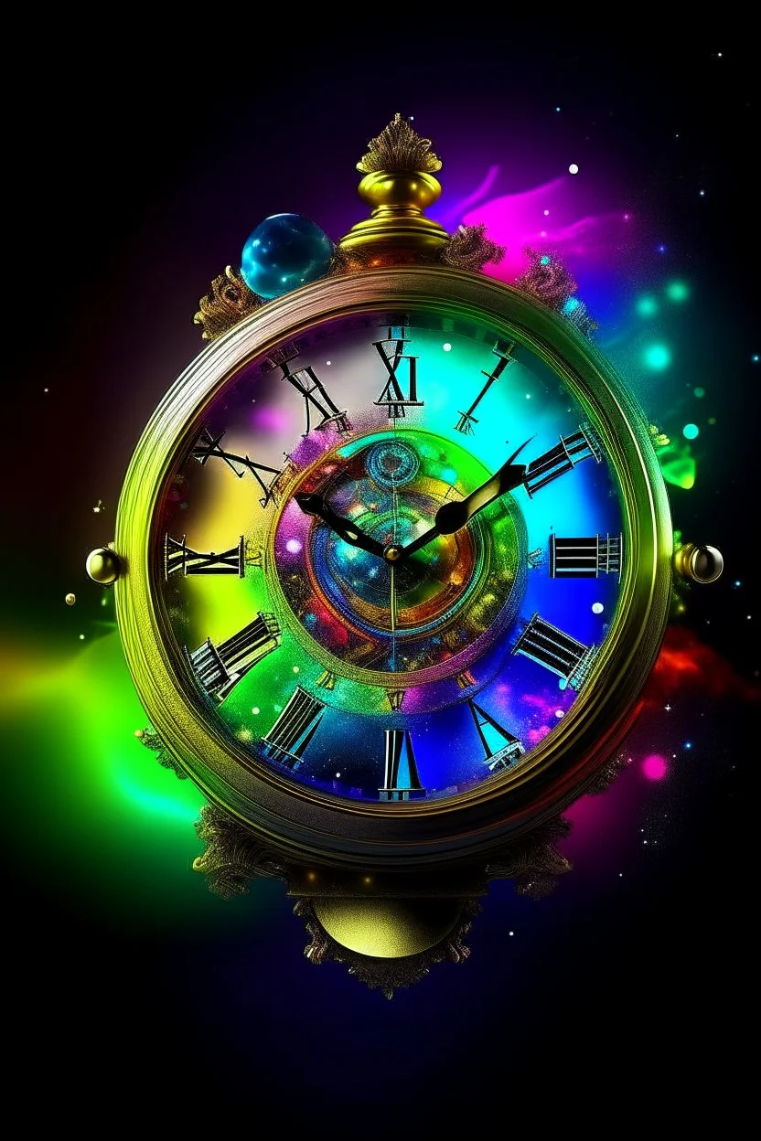 Mega Beautiful Cosmic Cuckoo Clock made of Planets Rainbow Color, Gradient, Voluminous, Triple Exposure, Photorealism, Micro photography, professional photography, high detail, Close-up, precise focus