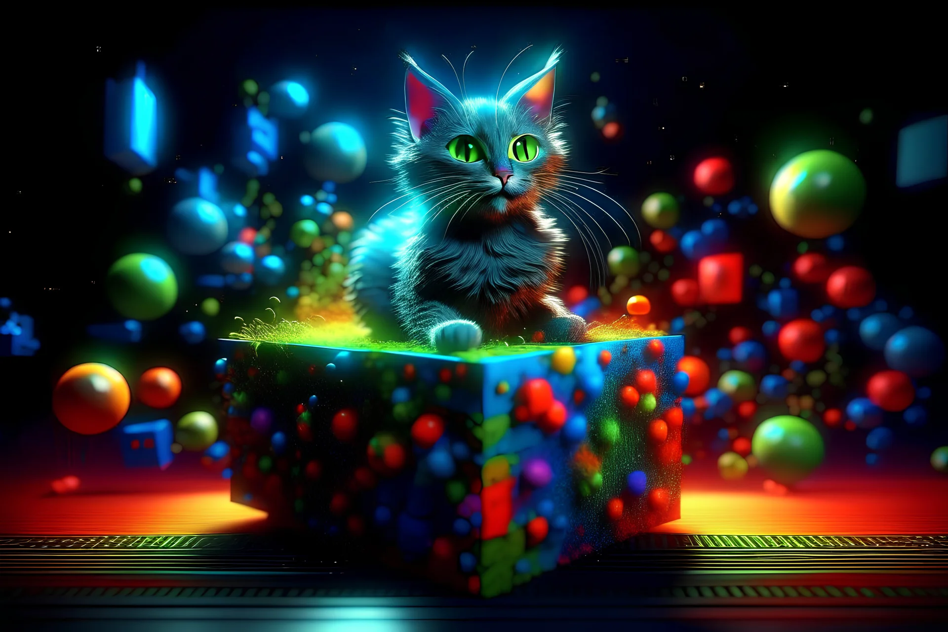 [scientific art] [3dmodal] [cinema 4D] Schrodinger's Cat under his box, both Alive and Dead, ultra realistic, Bright Colors, very intricated, 8k, futuristic, mathematicals calculations are write on the box, cloud of atoms in background