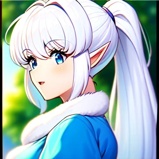 Clear focus, 8k, Elf, ranma drawing style, White hair, ponytail, hair in between the eyes, up close,