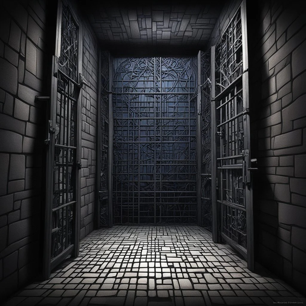 In the realm of falsehoods: what shall you do, oh mischievous ones, when the fabrications come knocking at your door? When they emerge from the shadows, how will you respond? A 3D abstract masterpiece in the form of a jail artistry.