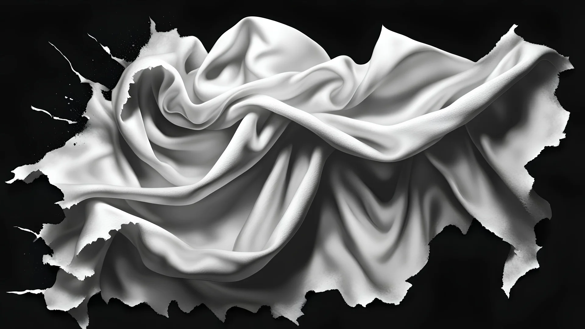 hand ripped and teared white cloth, with a black background, black and white, realistic