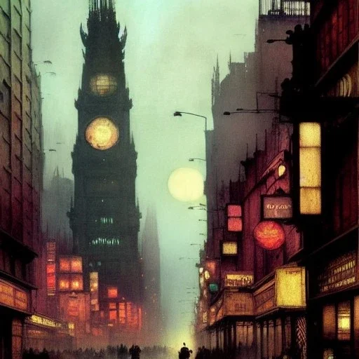 Corner building Metropolis ,dark colours, watercolor, volumetric , by john atkinson Grimshaw, detailed painting,matte painting, alphonse mucha, greg rutkowski,