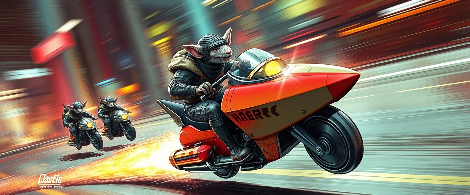 hi speed rocket ship on leaning scooter in a swing, coated rat gremlin captain in high speed pursuit among neon spy vs spy rat cyber soldiers, with background motion blur, airbrush and pen outline, in the style of Fallout 4 and Cyberpunk and GTA5
