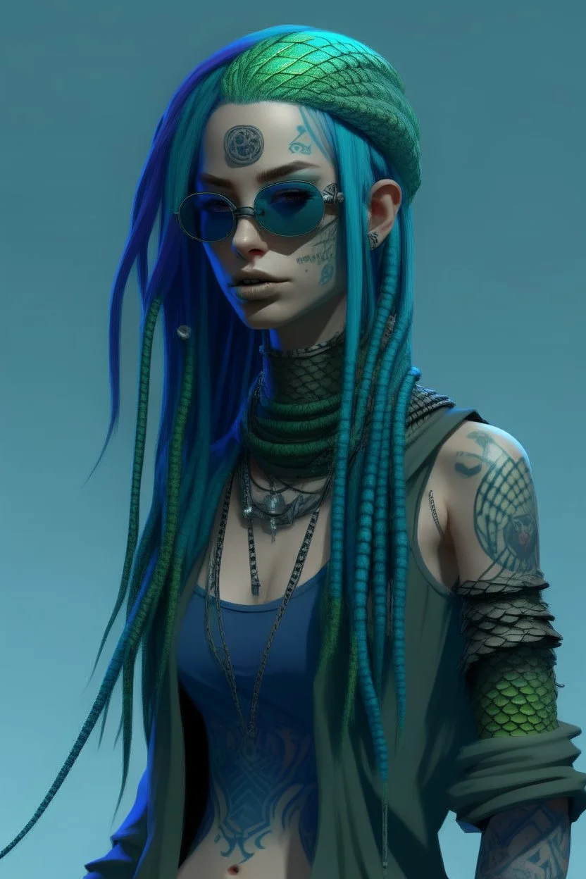 entire body mermaid cyberpunk some fish scales on face indigo hair dreadlock sunglasses