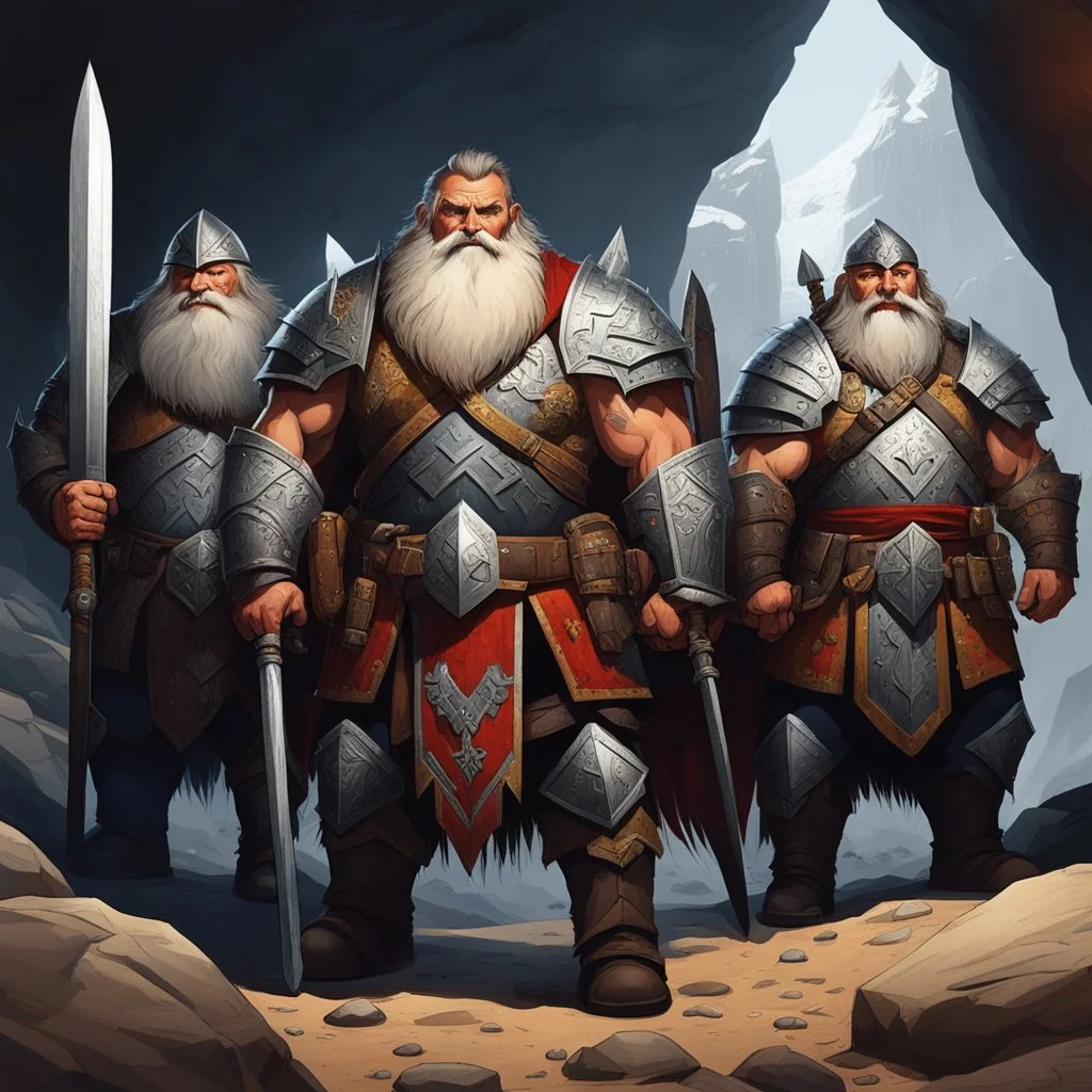 The sturdy Dwarves in front of the cave, with their characteristic proud, stout physiques, wear ornate, battle-worn armor adorned with bold, geometric patterns, and wield mighty axes, hammers, and swords. Their facial features are strong, with prominent beards, bushy eyebrows, and piercing, gemstone-like eyes. We Were Born Ready