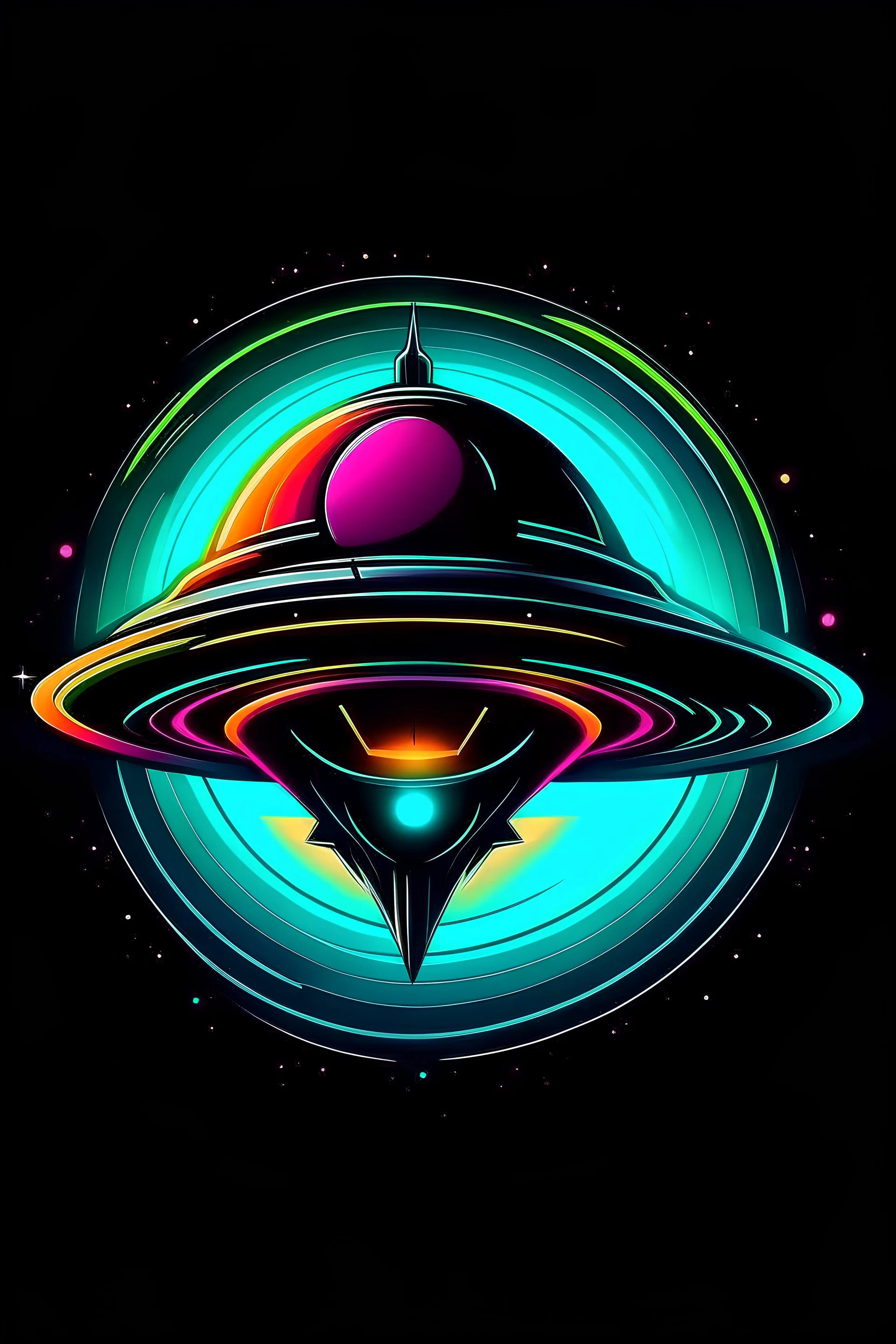 a logo hyperrealist : DARKZ in the space with retro sci fi ufo and colors