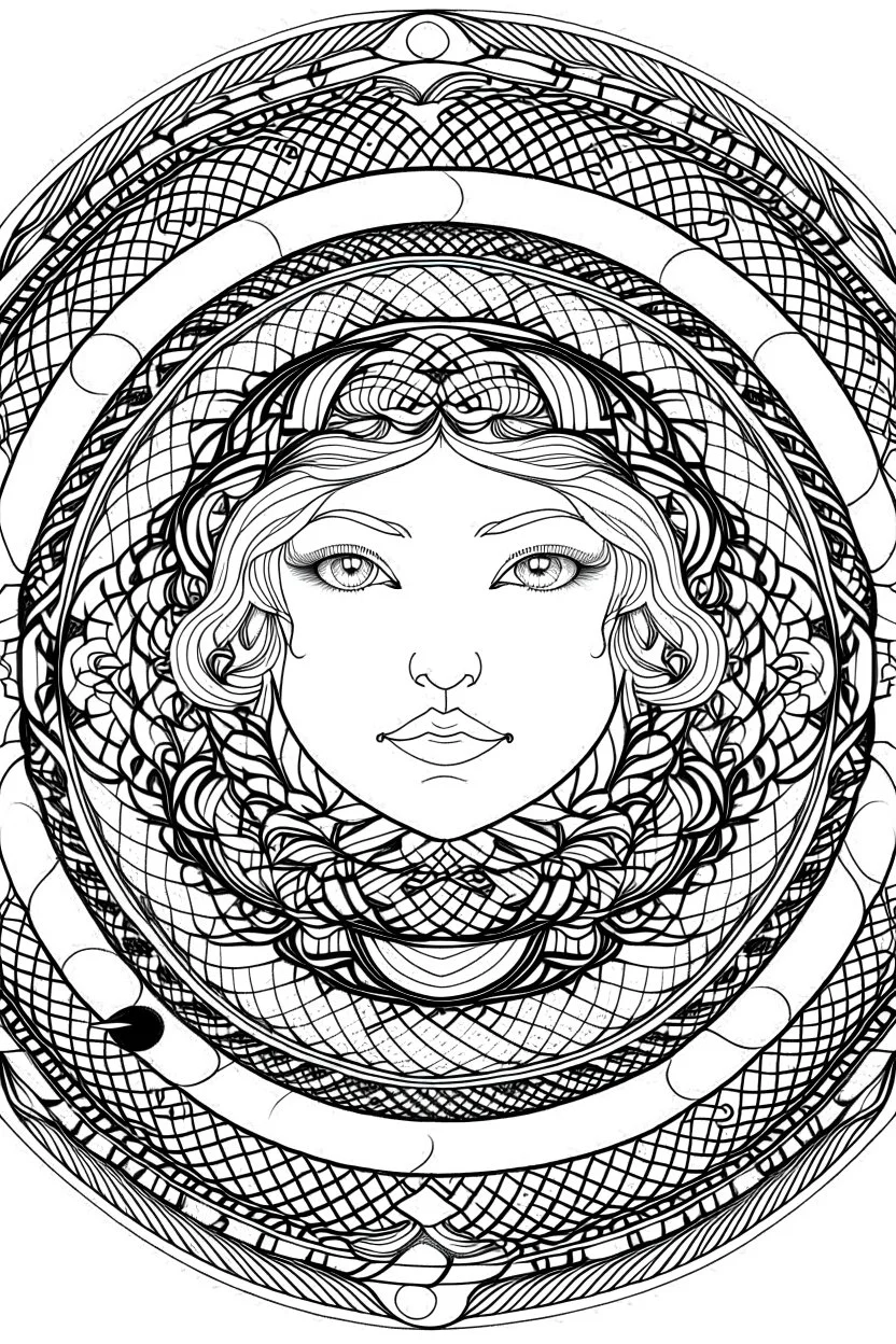 Mandala of the Yin Yang symbol merged with the Sri Yantra, rendered in black and white with clear lines for an adult coloring book, contour, vector, clean line art, against a white background