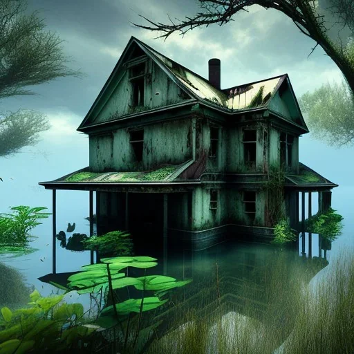 Abandoned house, overgrown, partially submerged,Interior, water inside